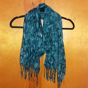 Teal snakeskin print long scarf with tassel fringe